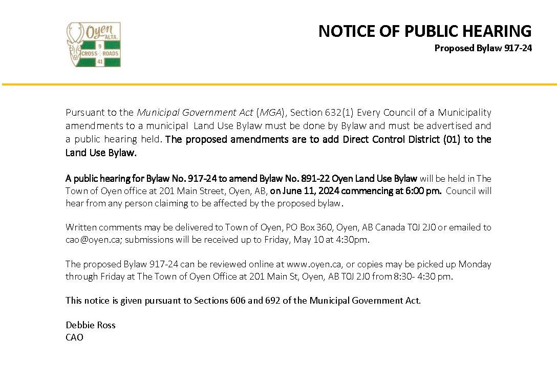 Notice of Public Hearing- Proposed Bylaw 917-24